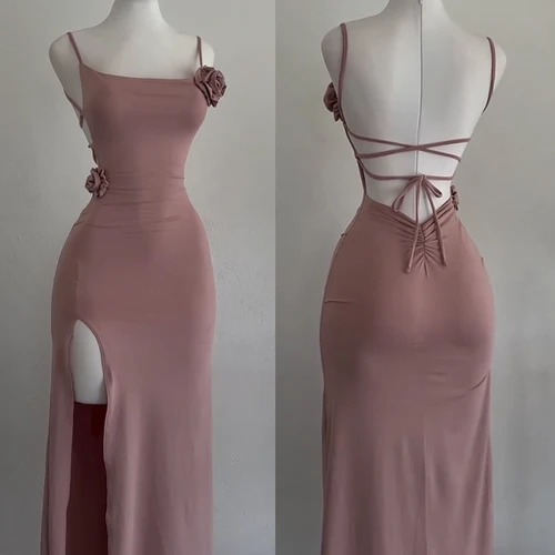Imagen 1 del producto Vestido Sexy sin mangas con abertura, vestido ajustado rosa tridimensional elegante calado, moda de verano 2025, Vestidos de fiesta para mujer