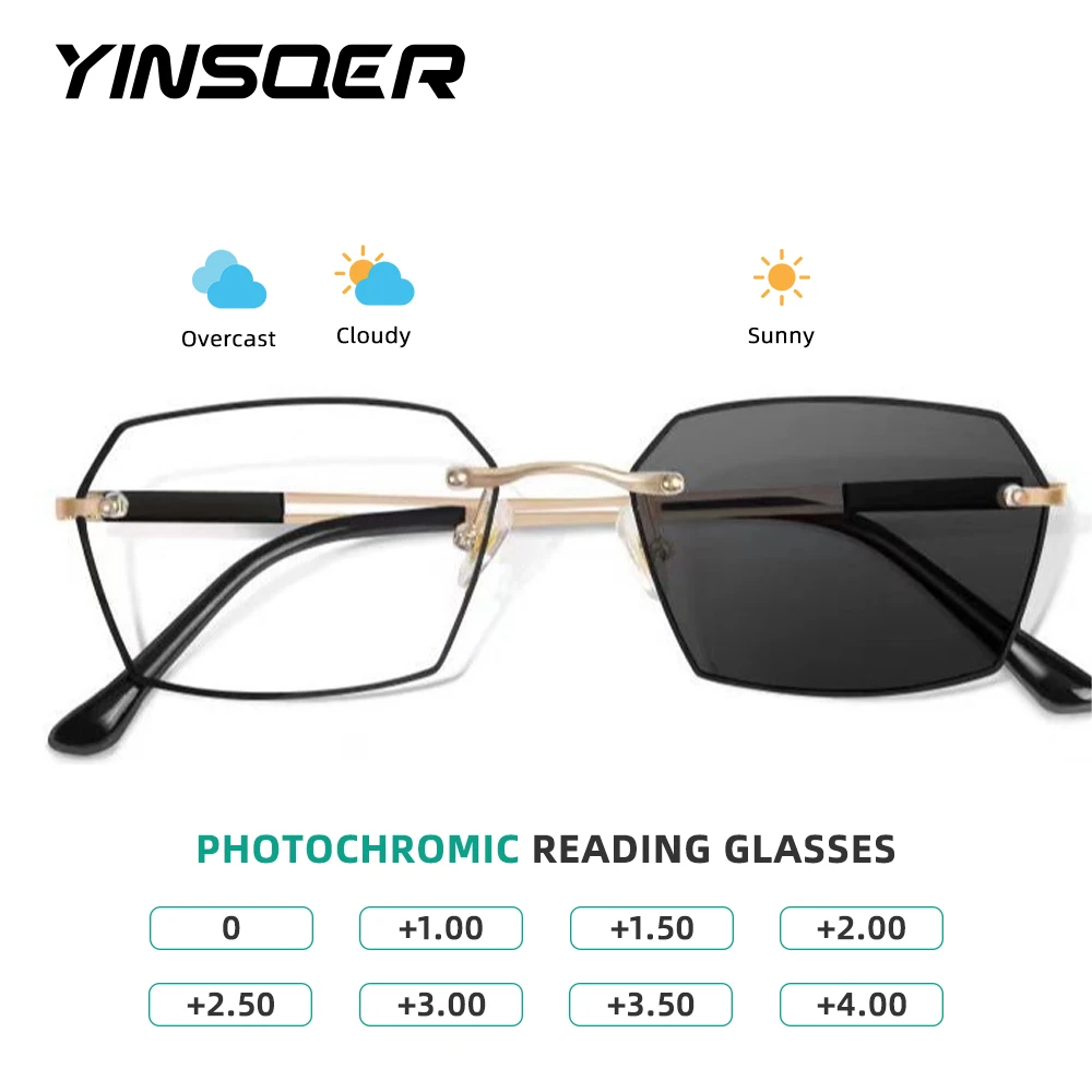 

Fashion Intelligent Photochromic Reading Glasses Color Changing Rimless Computer Reader For men Lightweight Eyeglasses