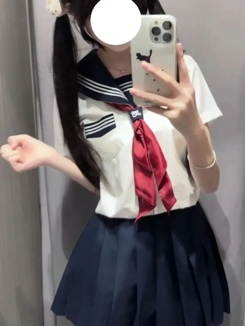 Authentic White Sailor Suit Uniform Skirt Set Short Sleeve Kyoto Collar Japanese Style Breathable Polyester Cotton Blend view 3