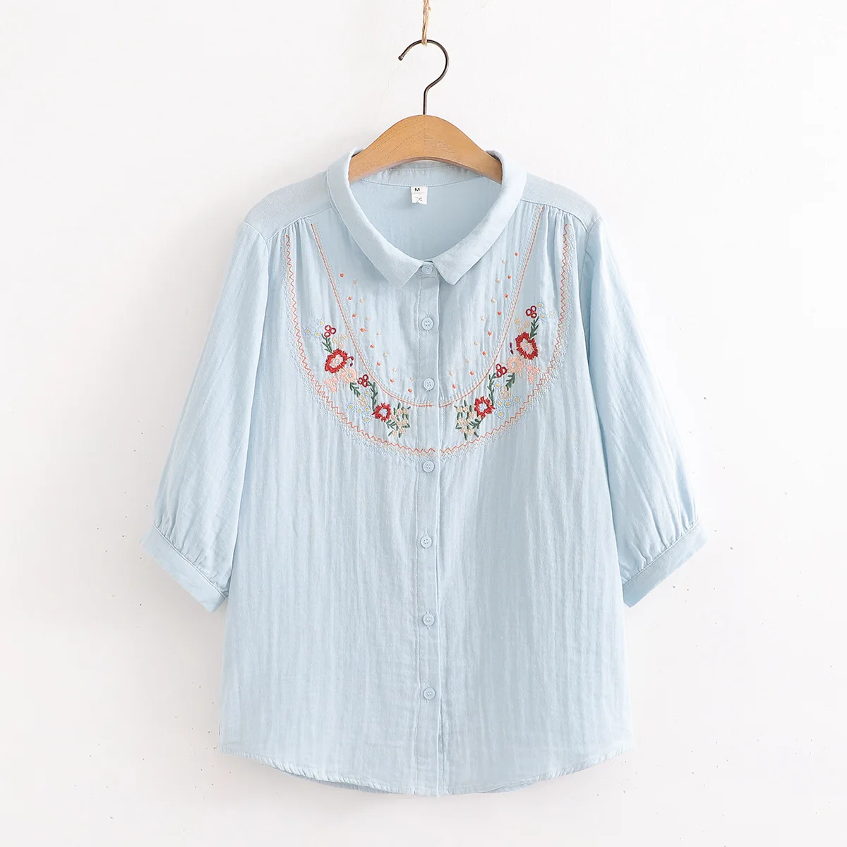 100% Cotton Yarn Blouses Women Summer Japan Fashion Boho Design 3/4 Sleeves Blue White Embroidery Shirts Top Female