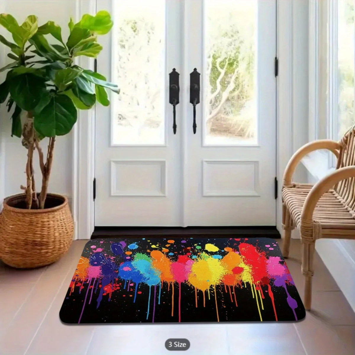 2D Flat Colorful Paint Splatter Abstract Art Black Background Flannel Area Rug Non Slip Creative Studio Carpet For Living Room