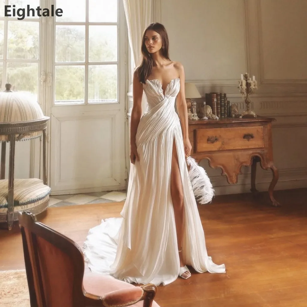 Eightale 2026 Ivory Strapless Wedding Dress Pleated Crinkled Fabric A‑Line Floor Length High Slit Train Modern Bridal Gown