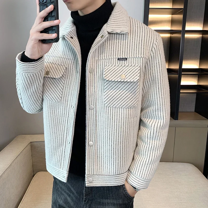 New Men's Autumn/winter Jacket Top Woollen Fabric Not The Ball Vertical Stripes Tweed Slim, Trendy Men's Dailywear Overcoat