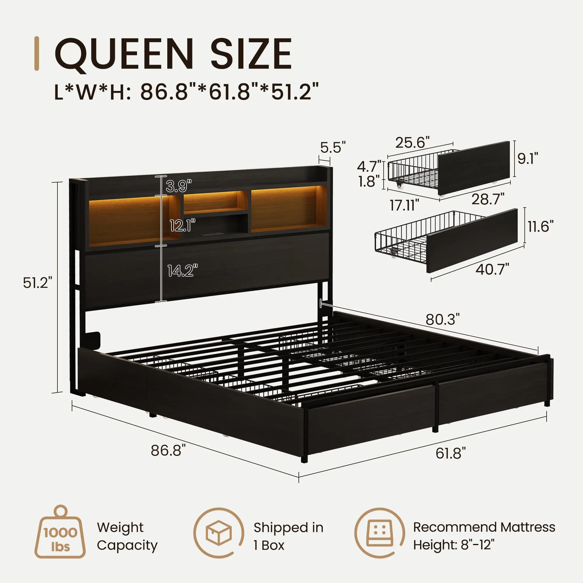 Queen Storage Bed Frame with 6 Drawers, USB Charging Station, No Noise, No Box Spring Required, Vintage Black Headboard