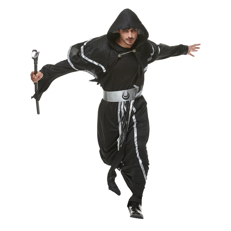 Costume de sorcier noir mystique pour hommes adultes, sorcier médiéval, déguisement d'Halloween, sorcier encanto, robe à capuche, cosplay, carnaval, Pâques, Pourim