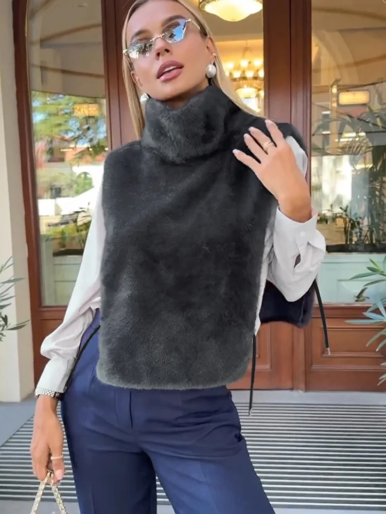 2026 Faux Mink Fur Tie High Neck Sleeveless Vest Soft Fluffy Fabric Cropped Winter Daily Layer Outfit Chic Minimalist Warm Top