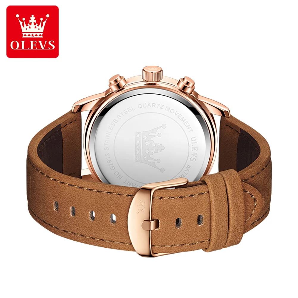 OLEVS Casual Fashion Men's Watches Big Number Dial Multifunctional Chronograph Original Watch for Man Moonphase Leather Strap