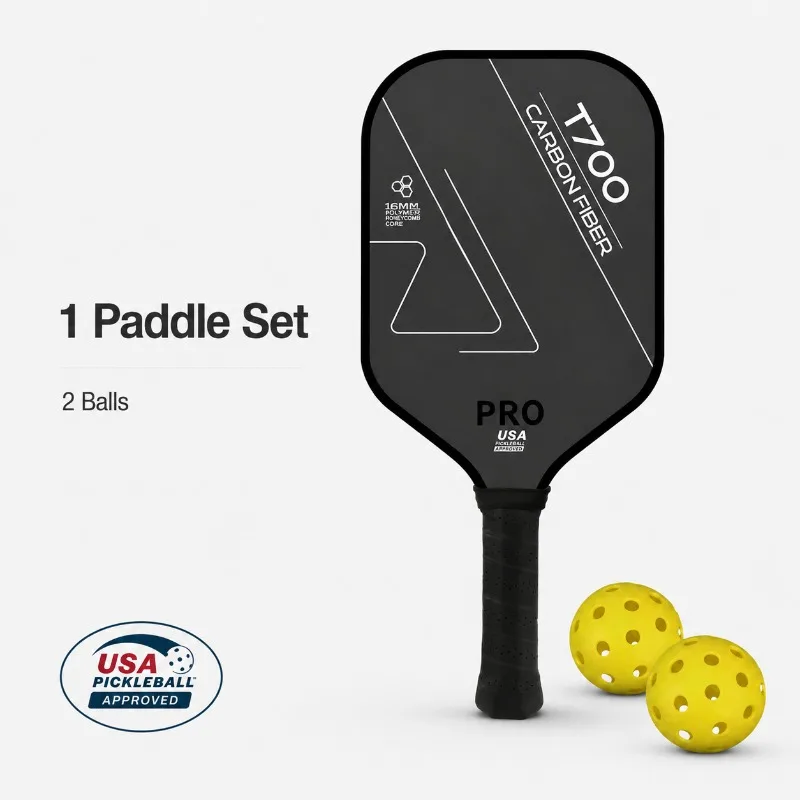Pickleball Paddle T700 Carbon Fiber Frosted Surface USAPA Approved Single Paddle with 2 Balls