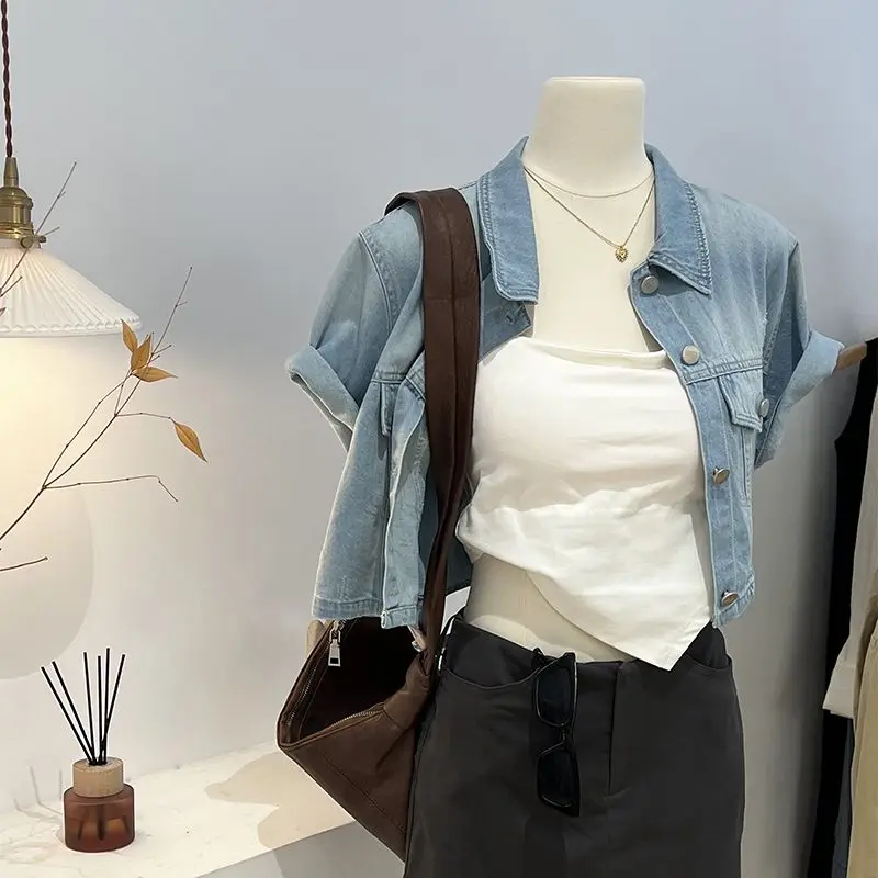 Chaqueta vaquera holgada para mujer, abrigo corto de manga corta con cuello vuelto, moda coreana, novedad de verano, 2023