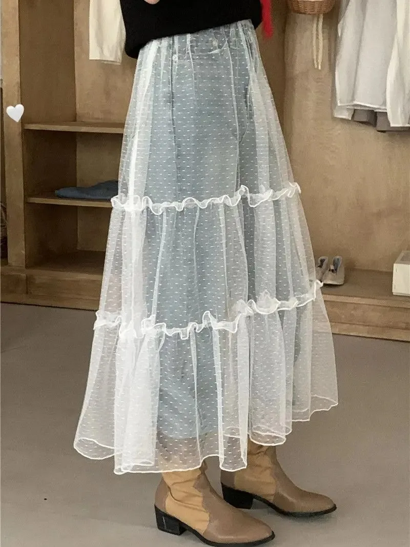 2025 Faldas Mujer De Moda Skirt Women's Clothing Gauze Ruffles Jupe Fashion Summer Saia Fashion Casual See Through Long Skirts