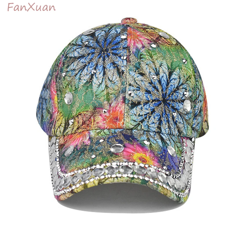 

women baseball cap spring summer sun hats glitter sequin flower plant printing