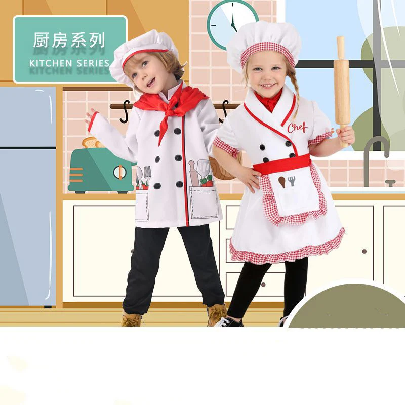 Conjunto de Delantal de Chef para Niños, Ropa de Chef para Niños y Niñas, Gorro de Chef, Delantal, Pañoleta, Uniforme de Cocina, Juego de Roles para el Hogar