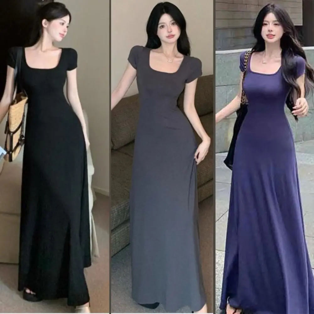 

Square Collar Long Dress Casual Female Body Dress Black Grey a Line Dress Short-sleeved Summer Dress