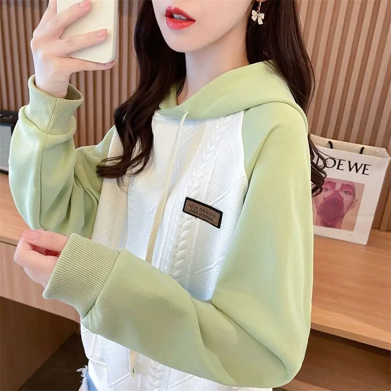 Casual Korean Contrast Color Spliced Sweatshirts 2023 Autumn Winter Fashion All-match Long Sleeve Hooded Tops Women\'s Clothing