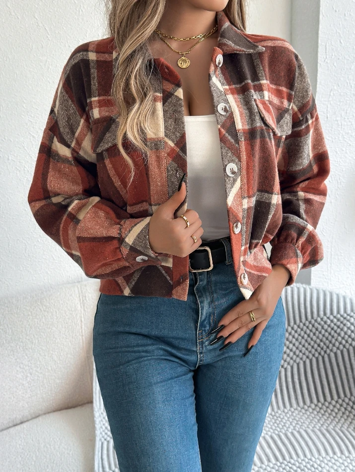 

Vintage Shirt Jackets Womens Plaid Woolen Casual Turn-Down Collar Buttoned Cardigans Loose Long Sleeve Short Shirts Cardigan