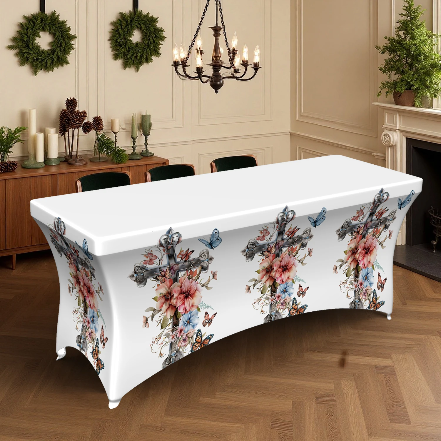 1PC Summer Outdoor Elastic Tablecloth, Floral & Butterfly Cross Digital Print, 4/6/8FT Rectangular Stretch Ta