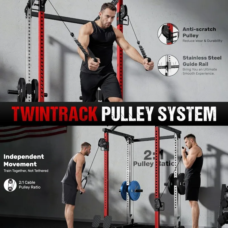 DP01 Power Cage, 2000LBS Squat Rack withCable Crossover and Dual Independent Pulley System, Full Cage for Full Body Training