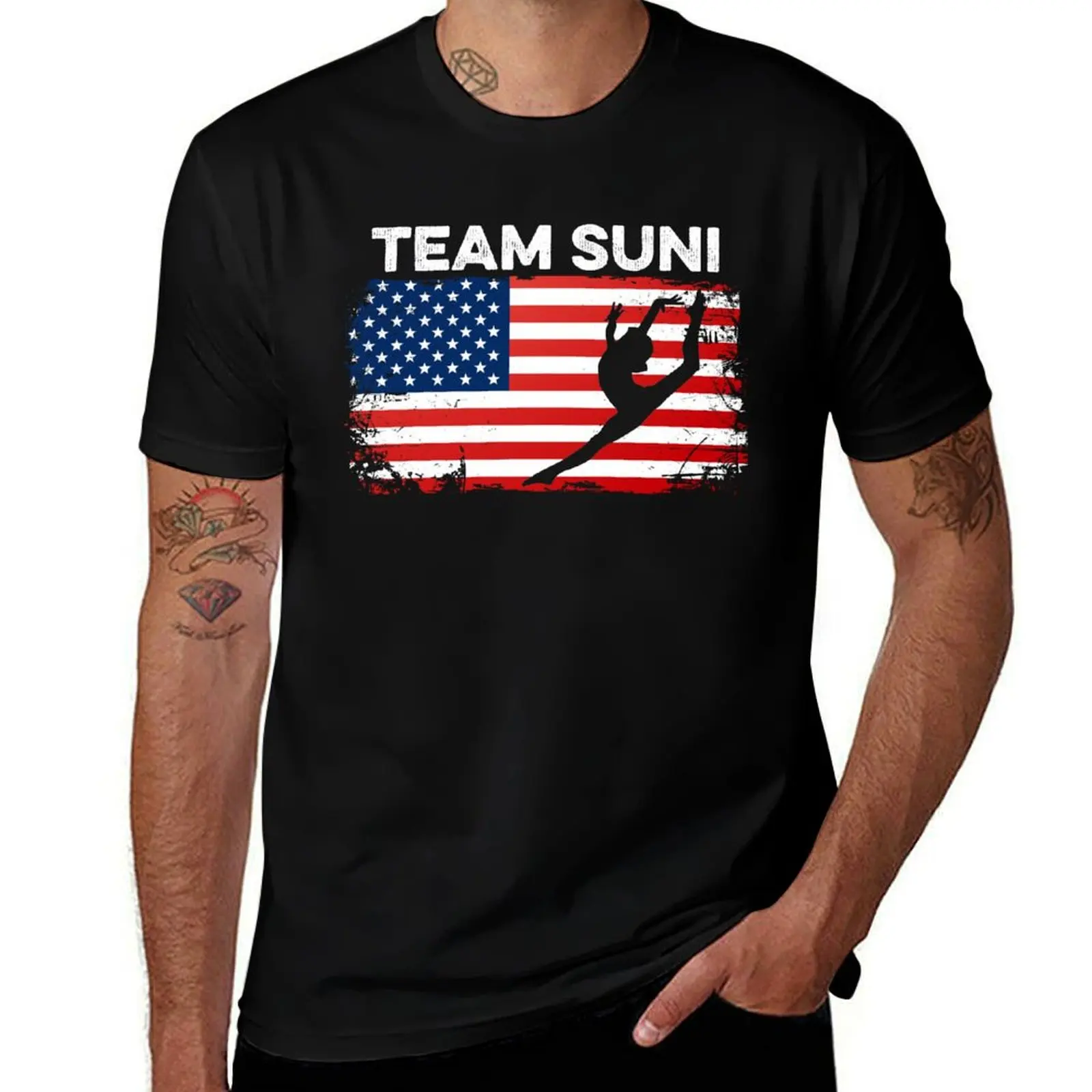 

Team Suni Gymnastics Sunisa Lee Gymnast USA Flag America T-Shirt anime t shirts oversize t shirts for man pack white T-Shirt
