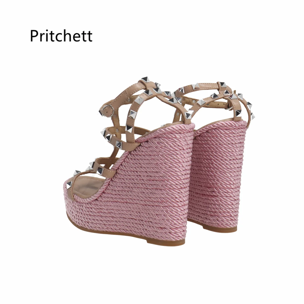 Pink Rivet Espadrilles Wedge Sandals for Women Open Toe Buckle Strap Sweet Style Designer Summer Shoes Holiday Platform Sandals