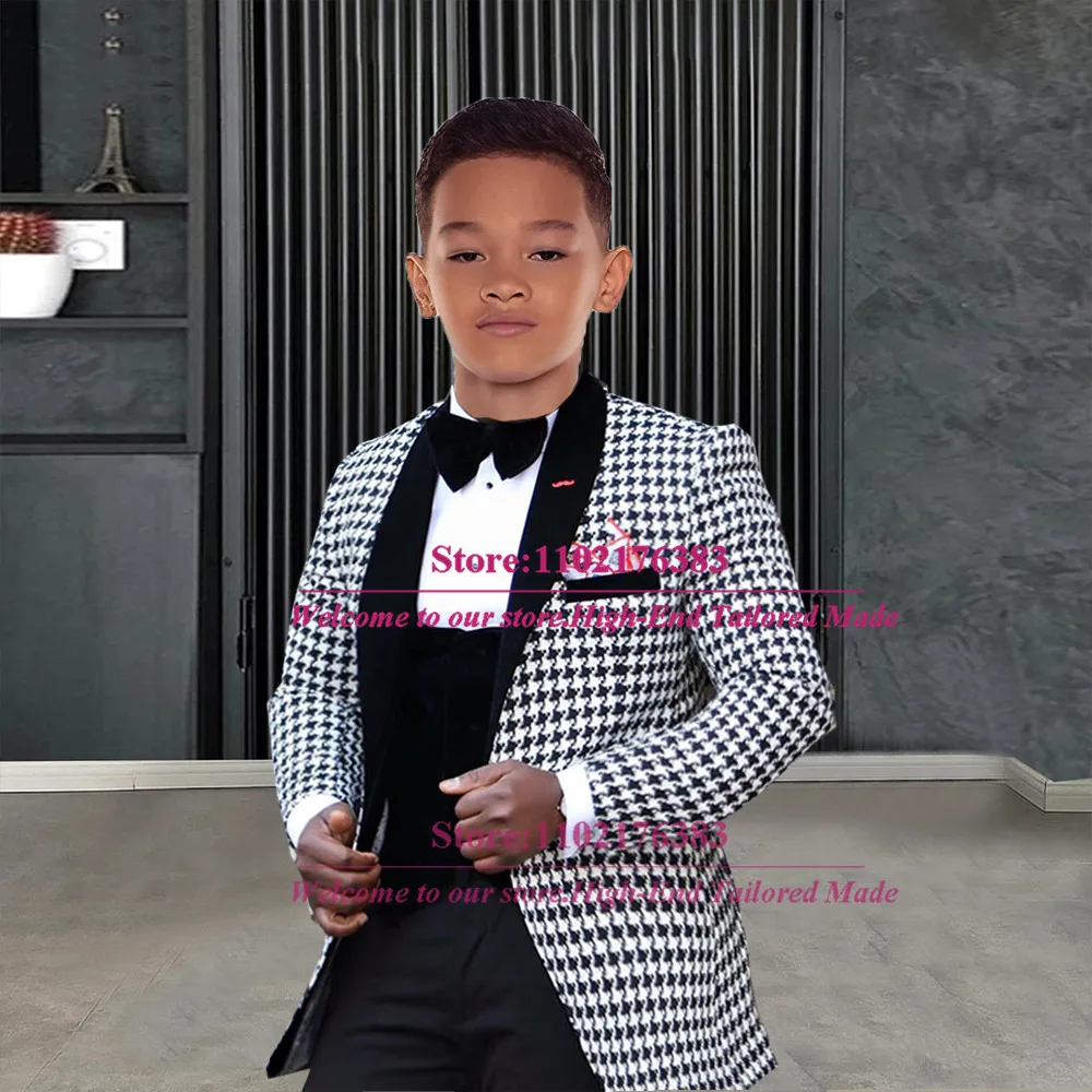 Traje de lujo para niño, traje Formal para fiesta de boda, Blazer a cuadros Blanco/Negro, chaleco, pantalones, 3 piezas, conjuntos de tailore-made para niños