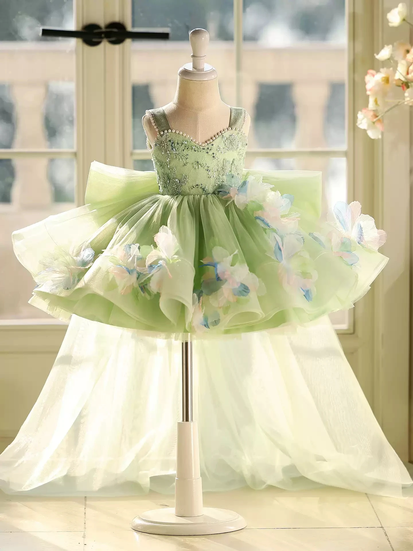 Luxurious and Elegant Girls Summer Dress Green Flower Girl Wedding Dress Children's Birthday Piano Performance Tail Princess Dre
