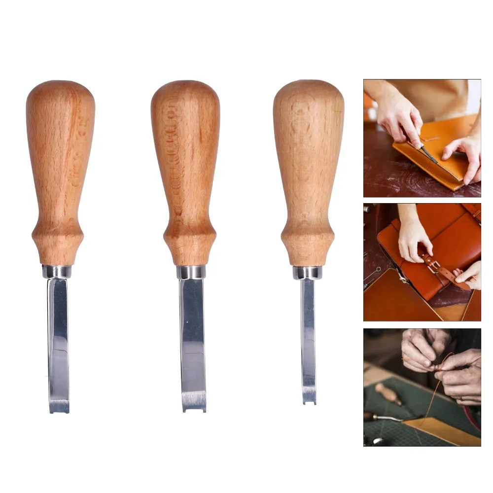 3pcs Wooden Handle Leather Edge Beveler Three Sizes (4mm/6mm/8mm) Curved Design Leathercraft Trimmer Comfortable Grip Wide Mouth