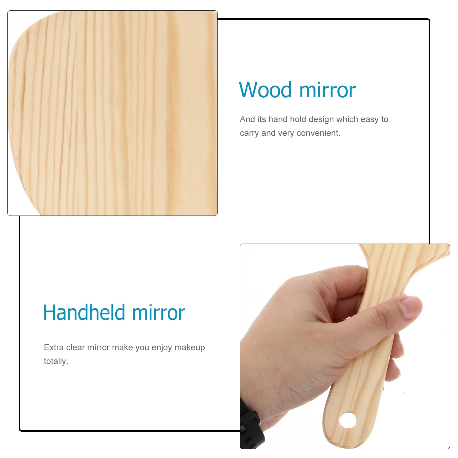 

1pc Retro Wooden Handle Makeup Mirror Durable Wall Mountable Glass Mirror For Women Girls