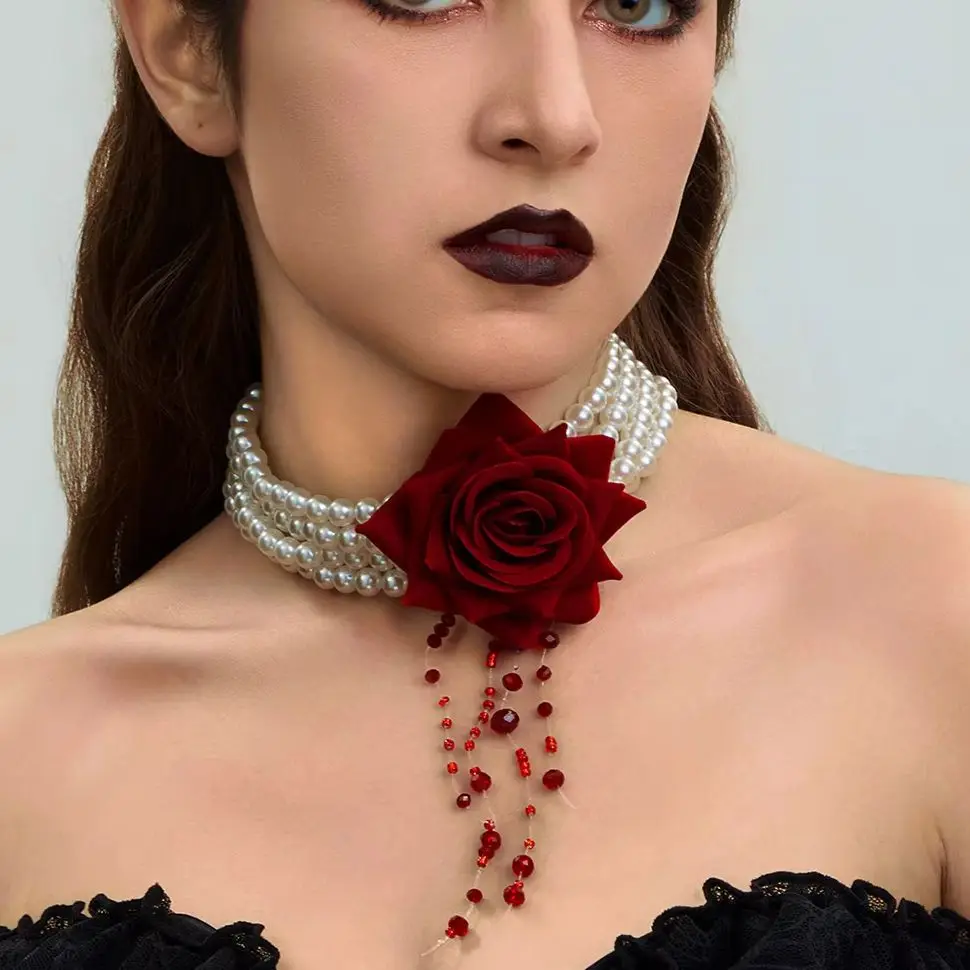PuRui Gothic Elegant Rose Rose Imitation Pearl Neck Woman Trendy Multilayer Blood Tassel Crystal Clavicle Necklace Jewelry New