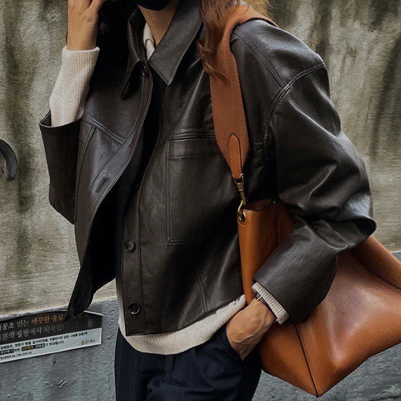 

Autumn Winter PU Jacket Women Turn-down Collar Single-breasted Solid Color Coat Korean Casual Fashion Long-sleeved Outwear
