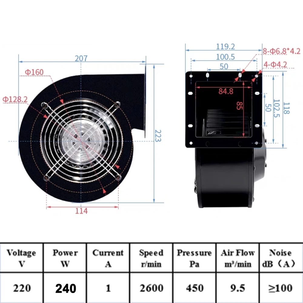 Industrial frequency centrifugal fan 85W 120W 180W 240W industrial cooling multi-wing silent air blower 220V