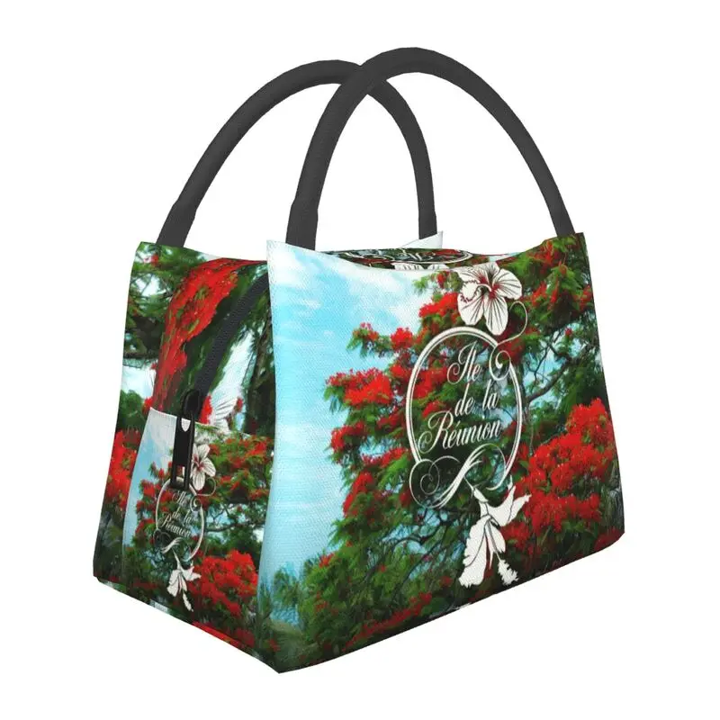 Custom 974 Reunion Island Flamboyant Hibiscus Thermal Insulated Lunch Bags Women Flowers Pattern Lunch Tote for Food Box