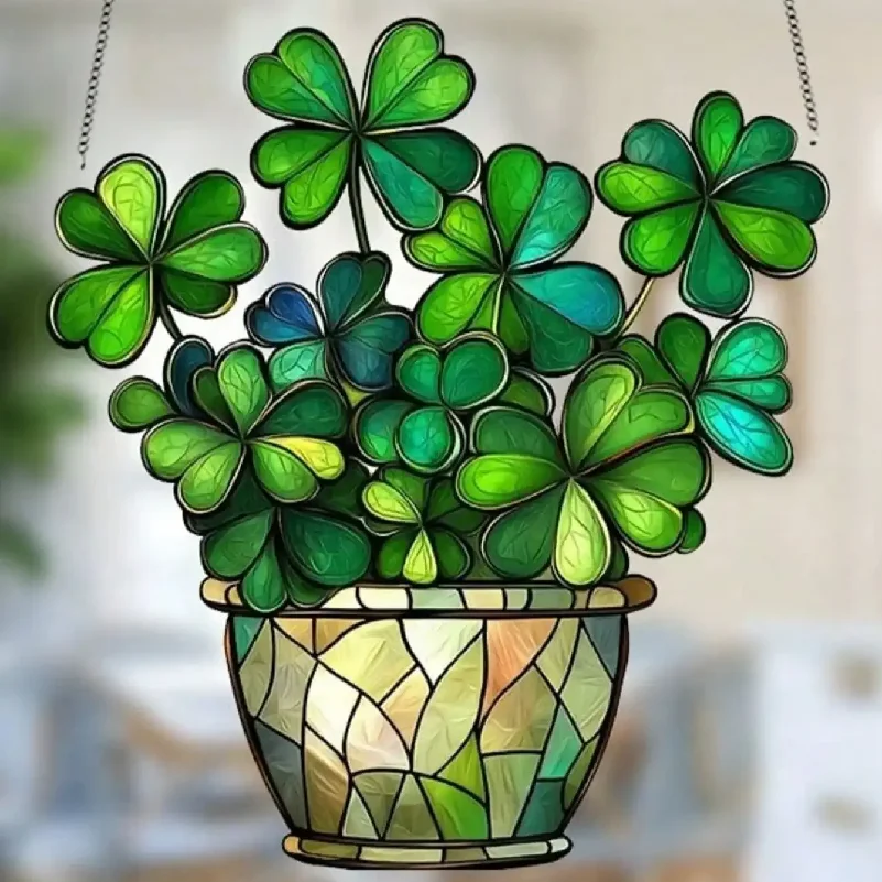 1PCS St. Patrick's Day Lucky Clover Sun Catcher - Window Hanging Decoration, Colorful Glass Style Home Office Light Catcher,