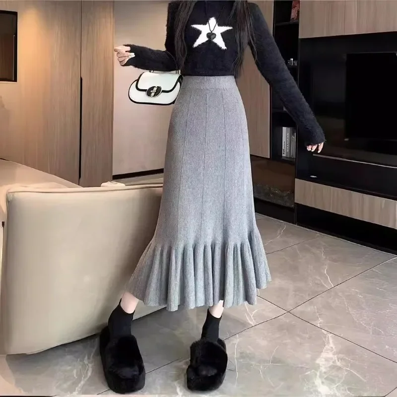 2024 Spring and Autumn New Knitted Hundred Fold Half Women's A-line High Waist Skirt Half   Medium length Skirt