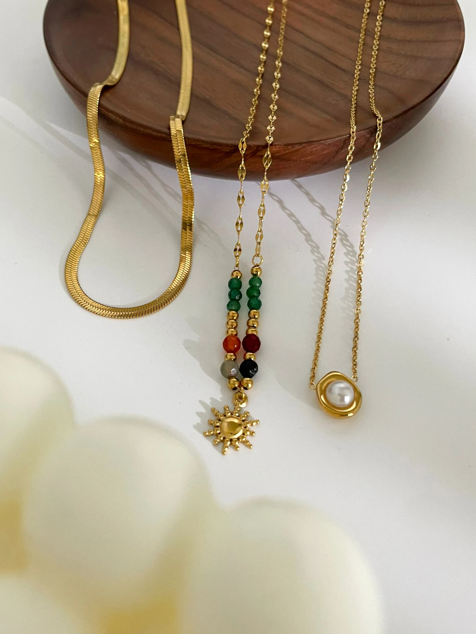 Peri\'sbox Imitation Pearl Natural Stone Sunflower Pendant Necklace Women\'s Stainless Steel Flat Snake Chain Stackable Jewelry