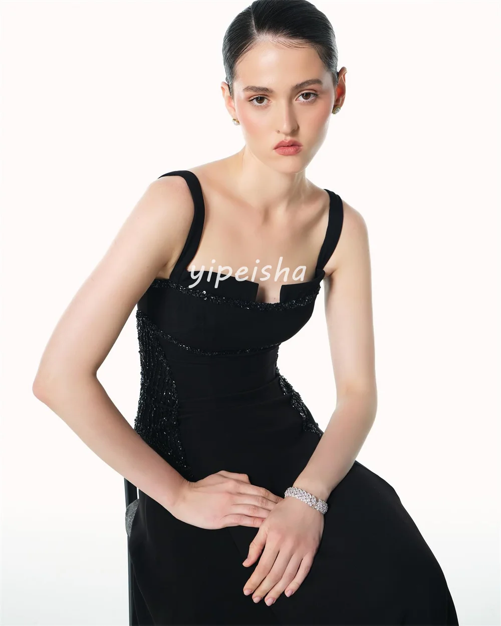 Personnalisé formel exquis Jersey perles paillettes a-ligne col carré robes longues sur mesure Occasion robes tailles disponibles