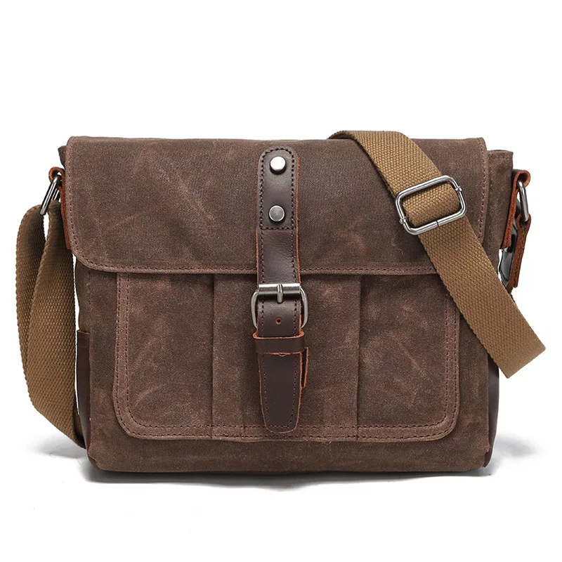 Men's Waxed Canvas Messenger Bag Daily Crossbody Sling Bag Retro Shoulder Bag for Men Weterproof Leather Trim Satchel Briefcase