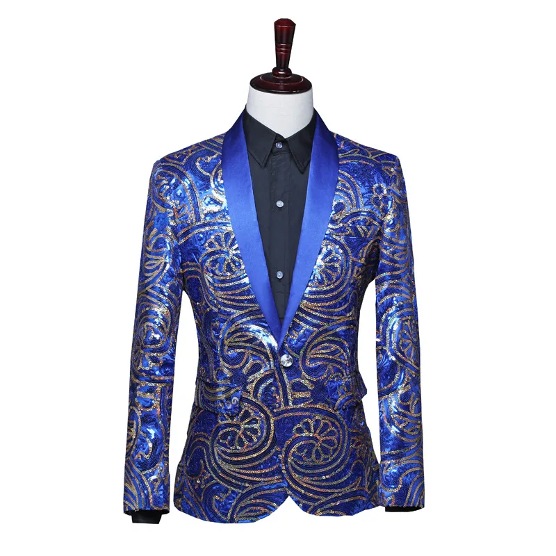 Fashion Men Luxury Sequin Blazer Jacket Red / Blue / Golden 2024 New Male Prom Party Groom Wedding Dress Suit Coats