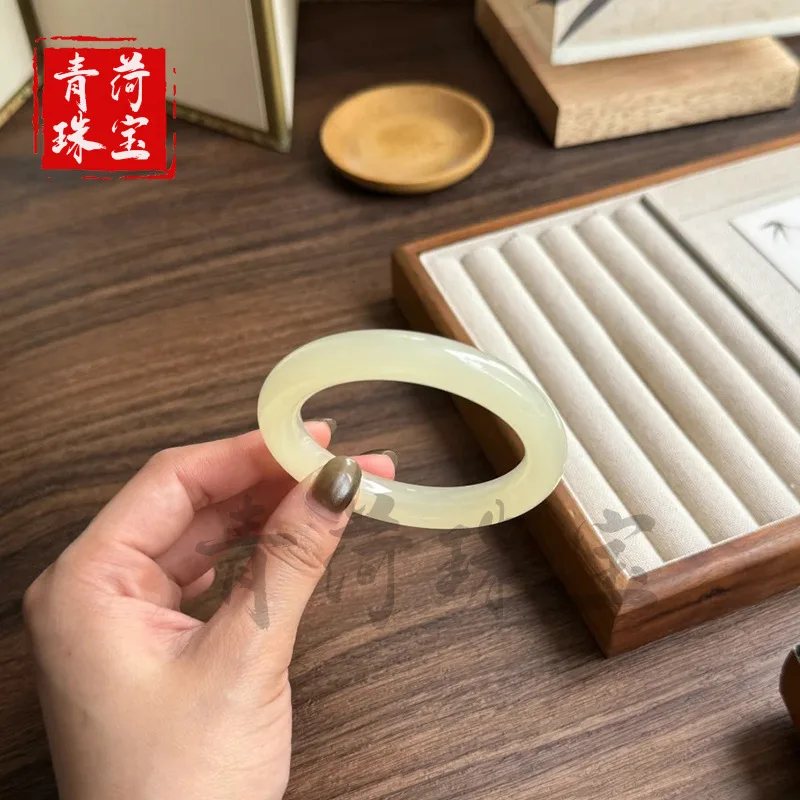 Natural green-white women, ancient style bracelet for girls, round jade bangle