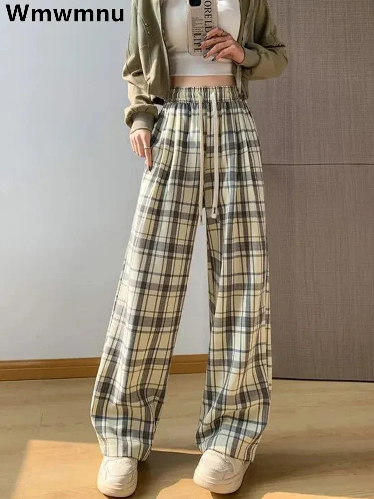 

Plaid Wide Leg Sweatpants Women Casual Baggy High Elastic Waist Pantalones New Lace Up Calcas Streetwear Harajuku Straight Pants