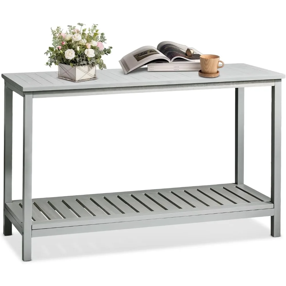 

49in Solid Wood Outdoor Console Table, 2-Shelf Wooden Outdoor Accent Plant Table Multifunctional Buffet Bar Storage Organizer f