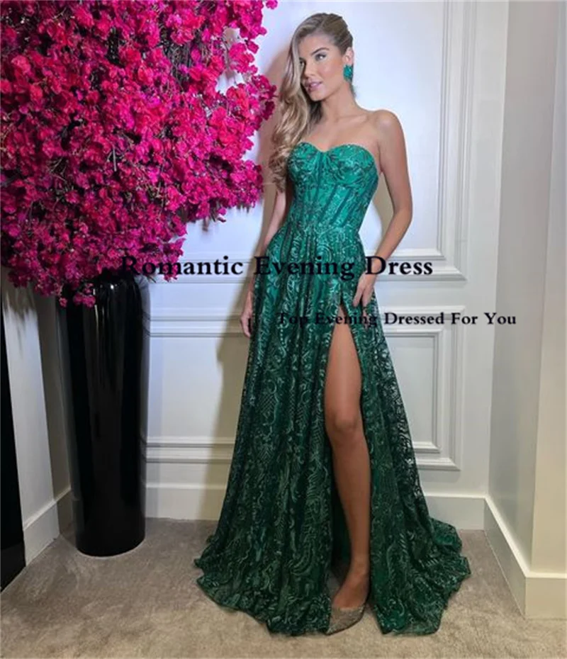 Romantic Lace A Line Evening Dress Sleeveless Side High Silt Sweetheart Long Prom Gowns Formal Party Invite For Women Vestido