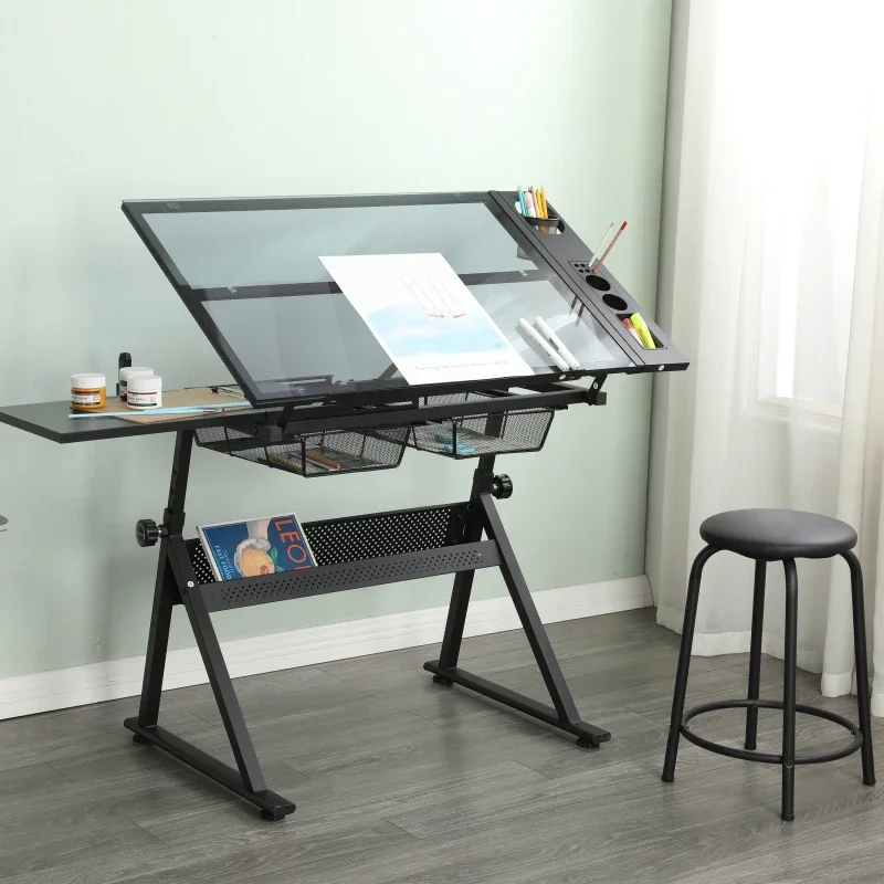 Table de dessin réglable en verre trempé avec chaise, bureau d'impression noir à angle réglable pour le design artistique et le dessin technique