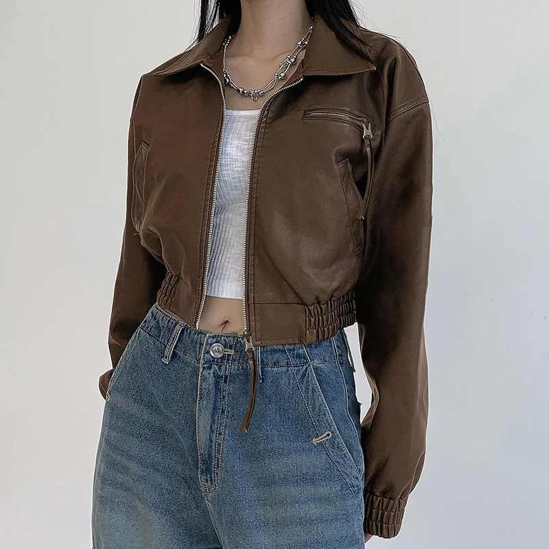 HEYounGIRL koreańska moda brązowa kurtka z PU Y2K Vintage jesień Casual Faux Leather płaszcz z zamkiem błyskawicznym Harajuku Streetwear znosić Lady