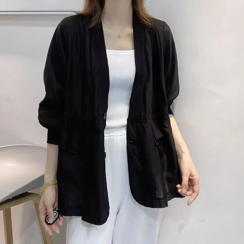 

Повседневный простой шелковый женский кардиган с защитой от солнца, однотонный, модный, элегантный, универсальный, открытый, топ-кардиган