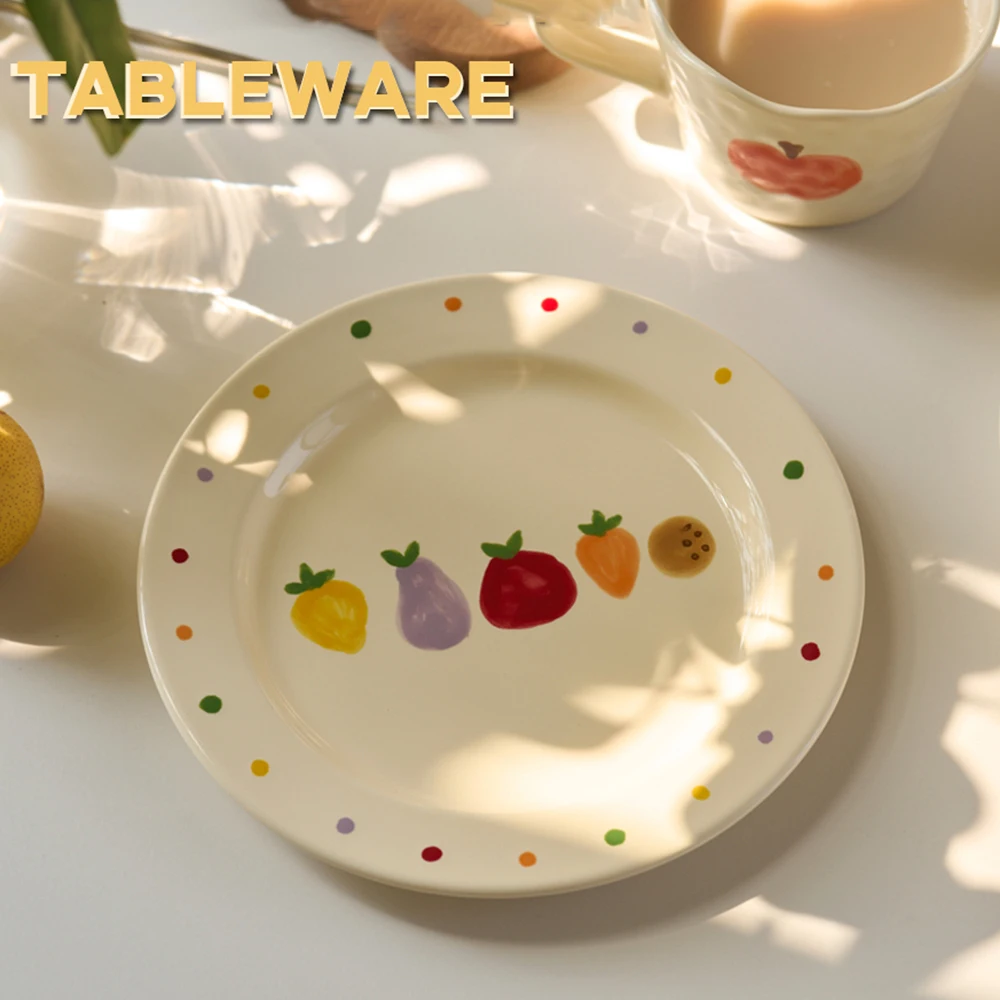 Cute Fruit Ceramic Plate Colorful Dots Round/Oval Dessert Dishes Brunch Bread Salad Porcelain Tableware Household Kitchen Plates