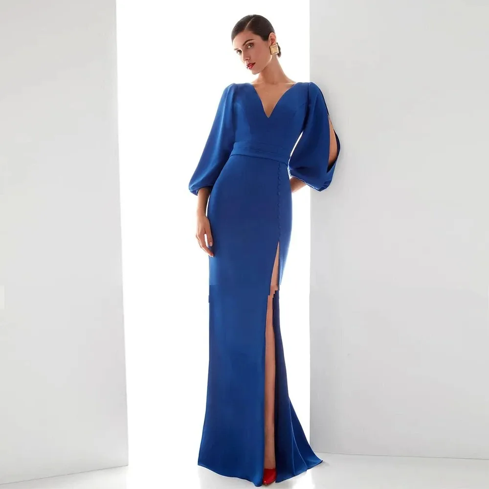 

2026 Classic Dark Royal Blue Formal Evening Dress V-neck Side Split Ruched Satin Mermaid Christmas Prom Pageant Party Gowns