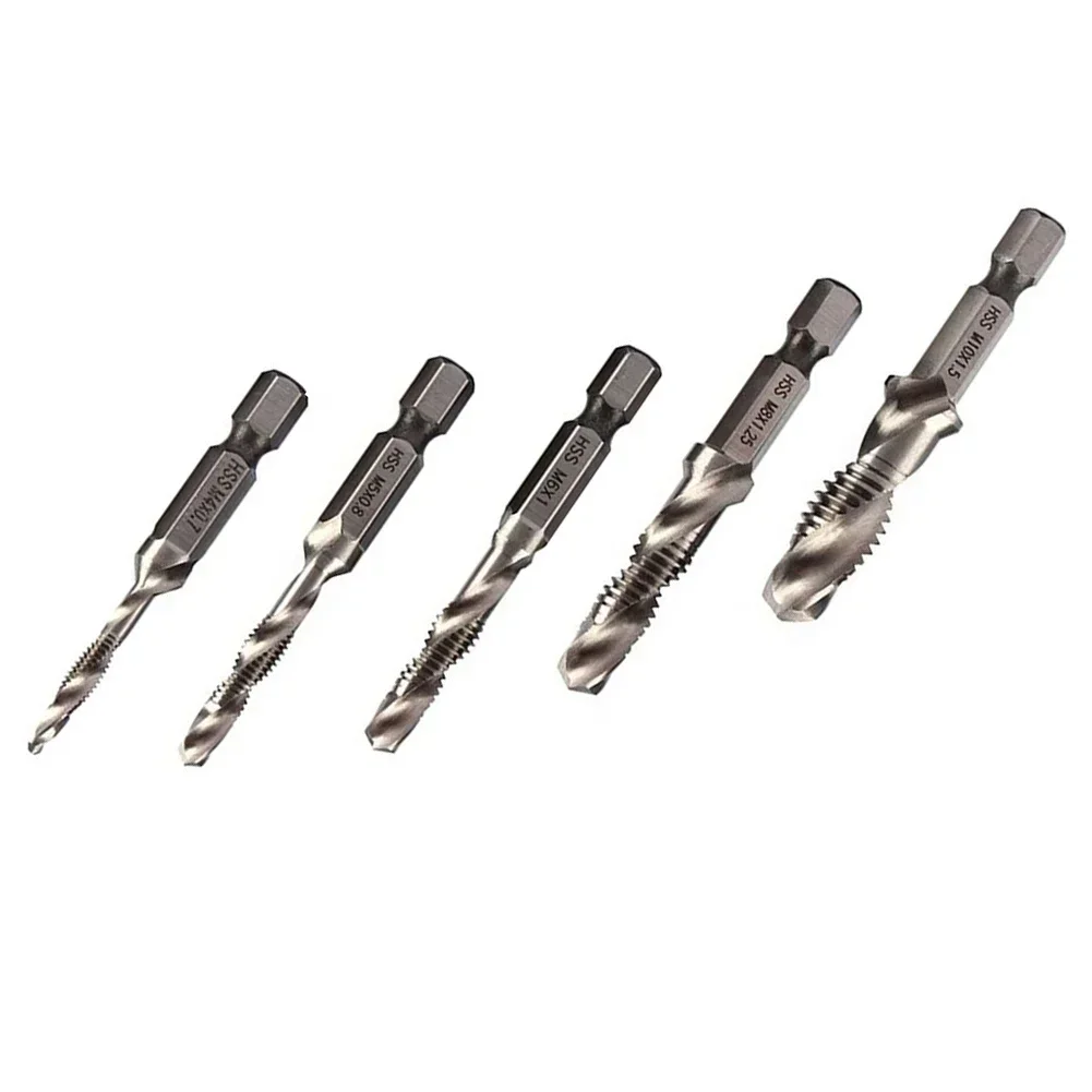 5pcs Tap Drill Bit Set Hex Shank Thread Metric Tap HSS Screw Thread Bit Screw Machine Compound Tap For Metal Steel Wood Plastic