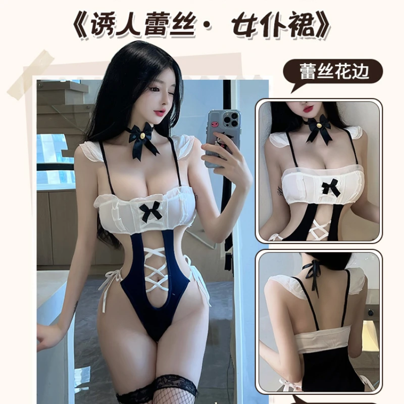 Cosplay Maid Uniform Women Anime Japanese Porno Bodysuit Ruffles Bow Hollow Out Bikini Lingerie Erotic Jumpsuit with Stocking