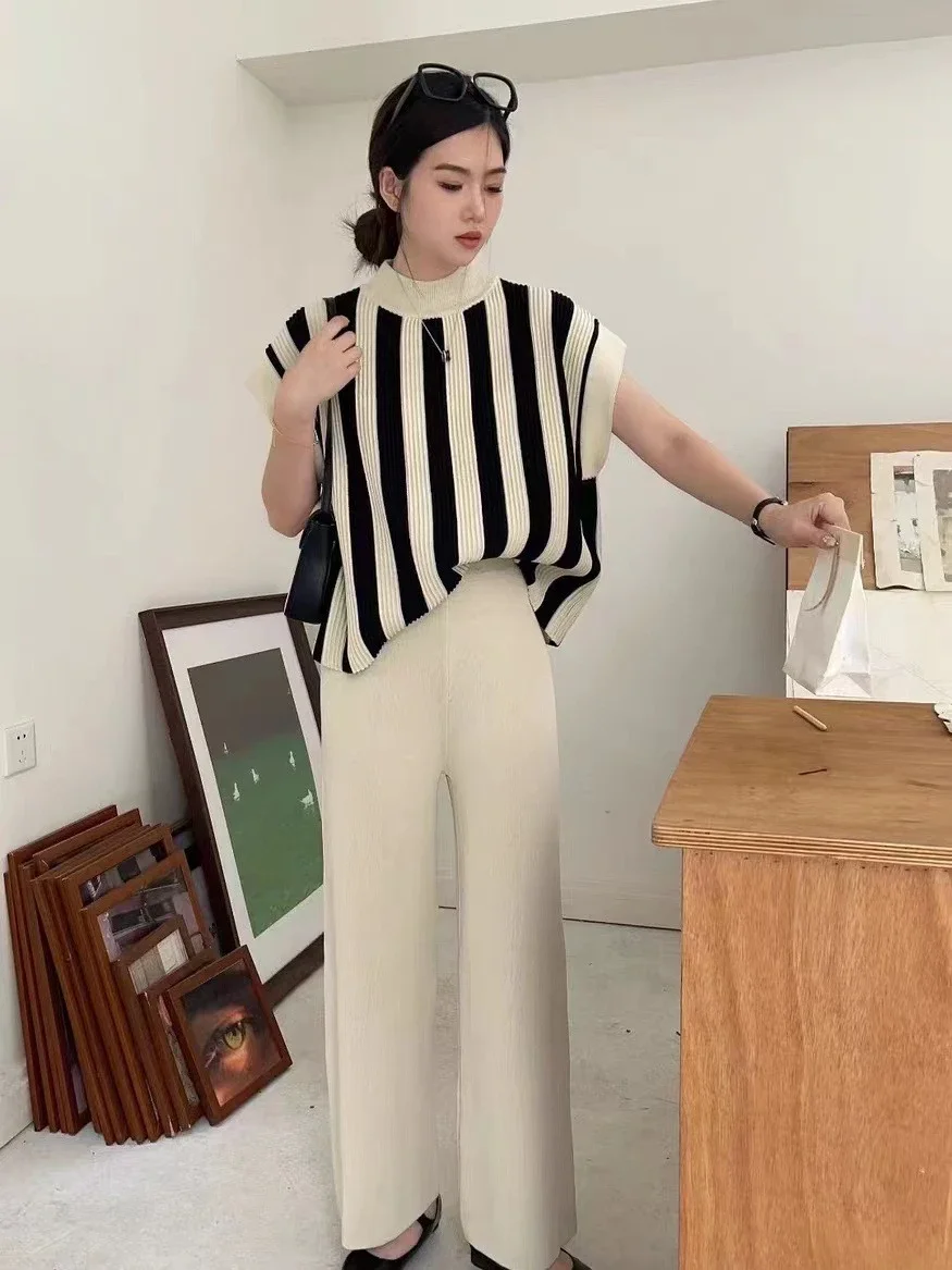 Elegant Pullover Women Suit Wide Leg Pants 2 Piece O-neck Casual Striped Top Ladies Sweatshirts Summer Female Clothing Pants Set