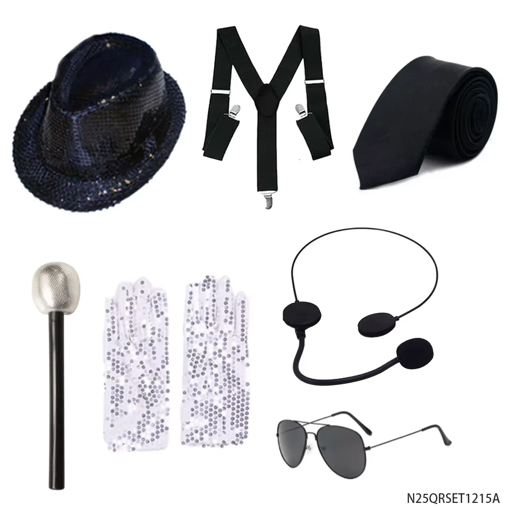 PESENAR Conjunto de fantasia retrô dos anos 90, lantejoulas, chapéu fedora, suspensórios, gravata, microfone, luvas, óculos, acessório de festa